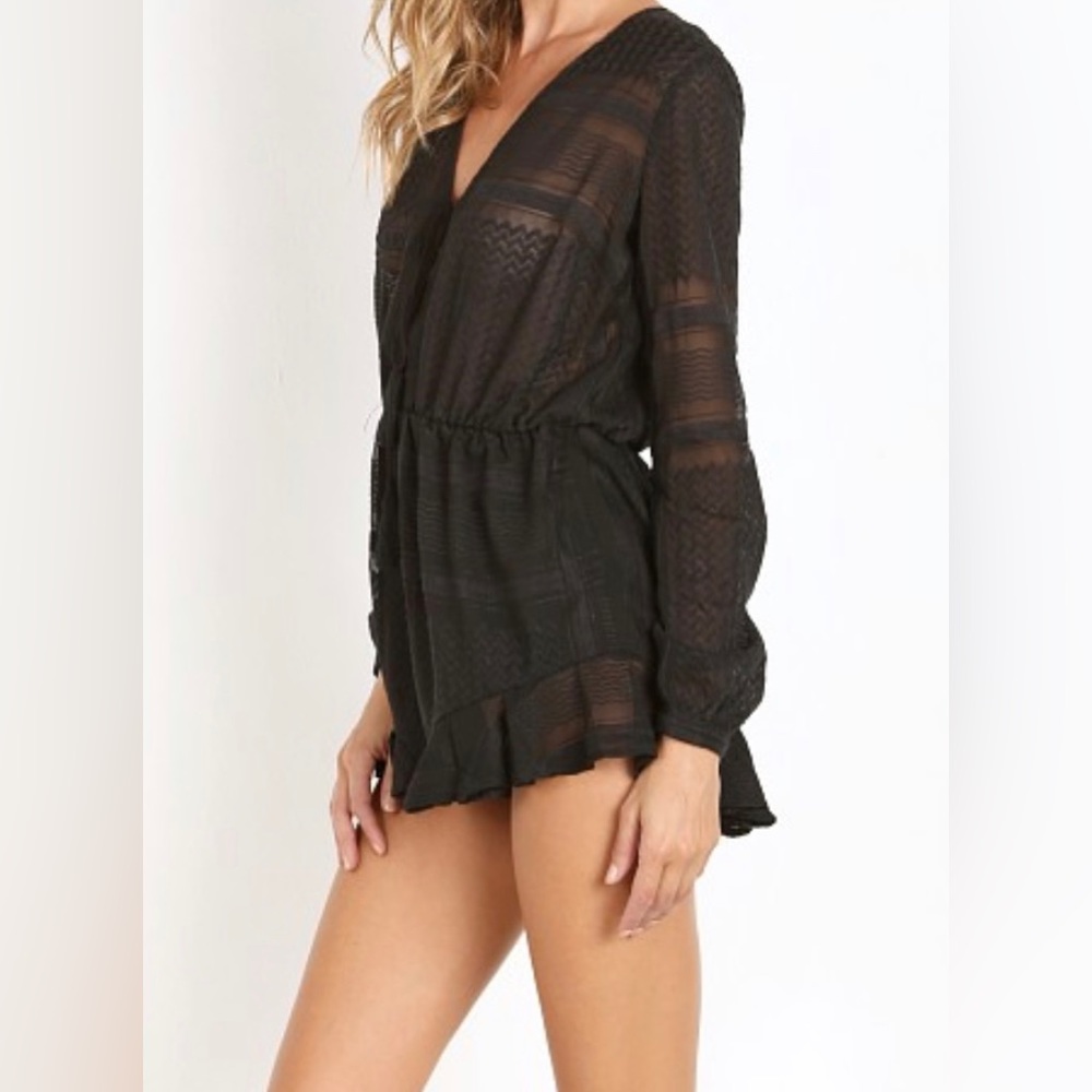 The Jetset Diaries Black Embroidered Casablanca Romper Long Sleeve Tie Front XS